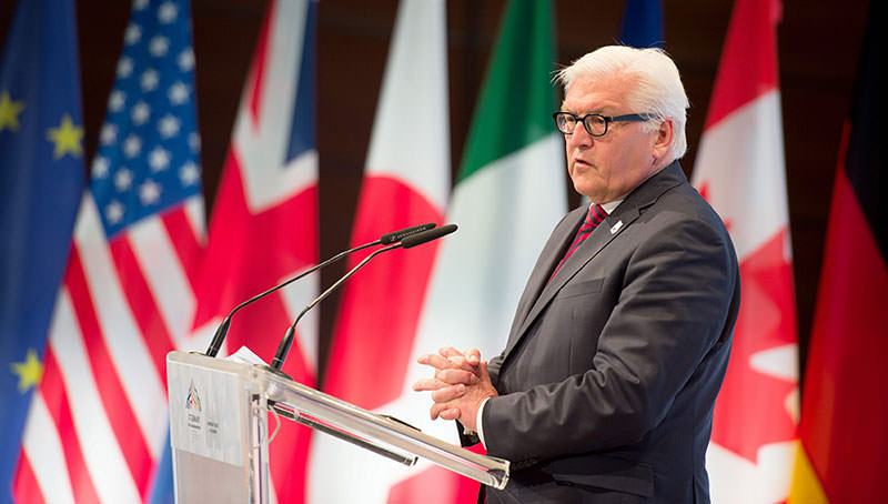 German Foreign Minister Frank-Walter Steinmeier speaks during a news conference following the meeting of G7 Foreign Ministers in Luebeck, Germany, on 15 April 2015 (EPA Photo)