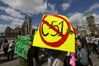 People take part in a demonstration against Bill C-51, the Canadian government's proposed anti-terror legislation, in Ottawa April 18, 2015 (Reuters Photo)