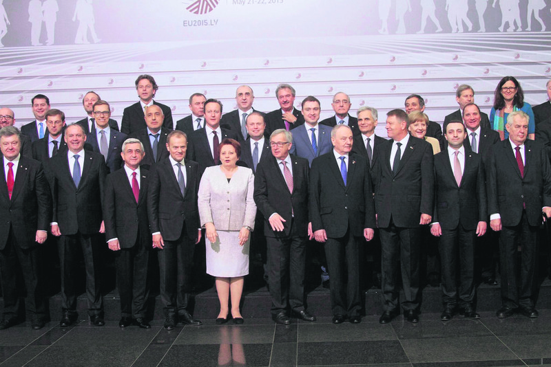 The EU bloc together with six ex-Soviet countries leaders pose before the summit started in Latvia.