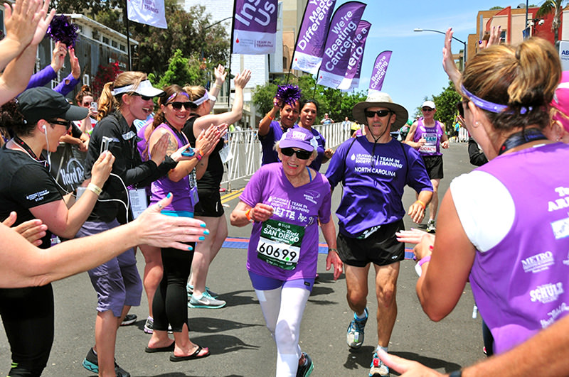 In this June 1, 2014 photo, Harriette Thompson, then 91, crosses the finish line in the 2014 Suja Rock u2018nu2019 Roll Marathon in San Diego (AP Photo)