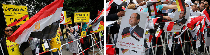 Anti (left) and pro (right) Sissi groups outside German Chancellery