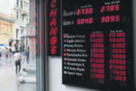 A currency exchange office in Istanbul, Monday, June 8. The Turkish currency yesterday dropped to a record low against the dollar over political uncertainty, trading at TL 2.8 to the dollar.