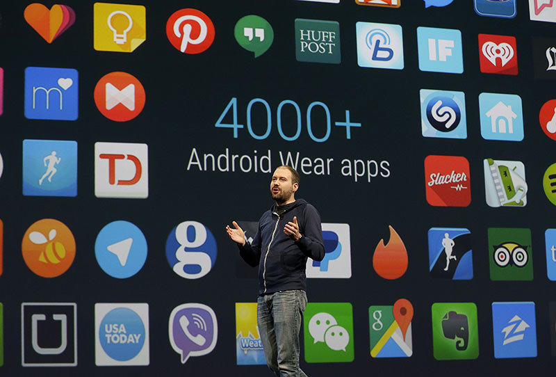 David Singleton, director at Android Wear, speaks during the Google I/O 2015 keynote presentation in San Francisco. With the upcoming M version of Android, you give permission as apps need it. (AP Photo)