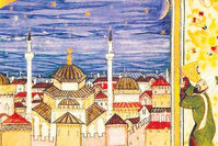 An illustration of an astronomer observing the comet of 1577 using a quadrant