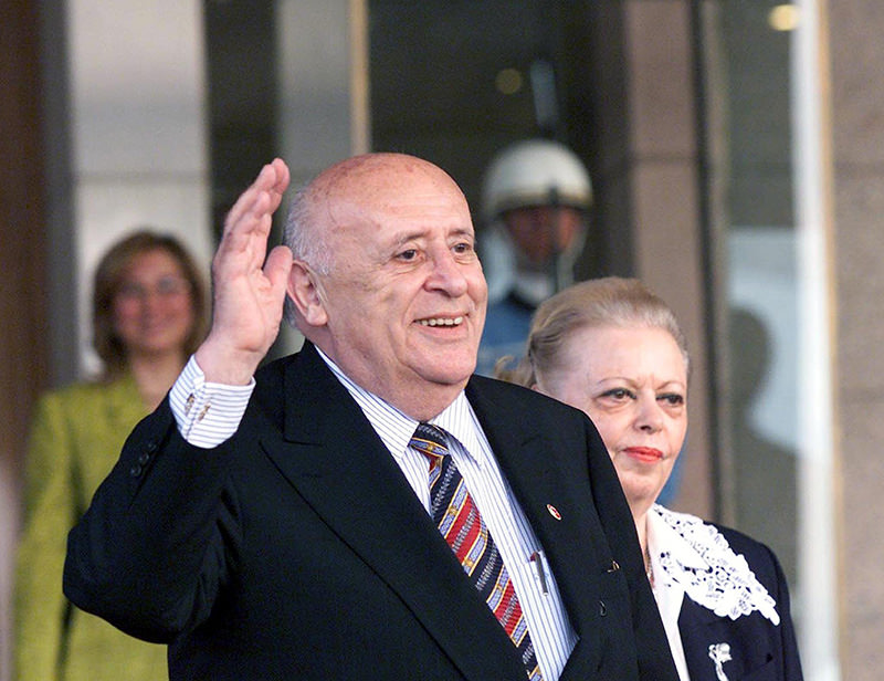 A file picture dated 16 May 2000 shows former Turkish President Suleyman Demirel, flanked by his wife Nazmiye Demirel, after the handing over of power to the back then Turkish President Ahmet Necdet Sezer in Ankara, Turkey (EPA)