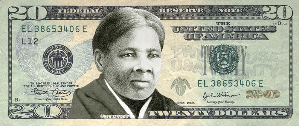 An illustrative $20 dollar bill featuring Harriet Tubman