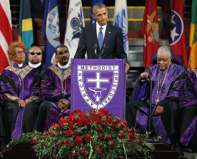President Barack Obama delivers the eulogy for South Carolina state senator and Rev. Clementa Pinckney during Pinckney's funeral service June 26, 2015 in Charleston, South Carolina (AFP Photo)