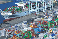 Shipping containers sit idle during a slowdown at the ports of Los Angeles and Long Beach, California.