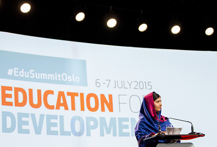Nobel Peace Prize winner Malala Yousafzai speaks during the Oslo Summit on Education for Development at Oslo Plaza in Oslo, Norway, Tuesday, July, 7, 2015 (AP Photo)