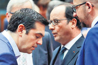 Greek PM Tsipras (L) listens to French President Hollande (C) next to Belgian PM Michel (R) during a eurozone leaders summit in Brussels, Belgium on July 12.