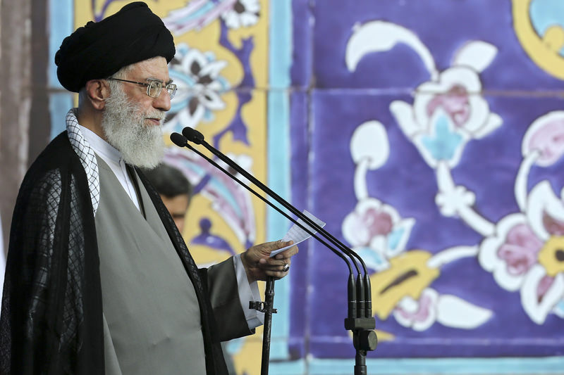 Supreme Leader Ayatollah Ali Khamenei delivers his sermon during the Eid al-Fitr prayer at the Imam Khomeini Grand Mosque in Tehran, Iran (AP Photo)