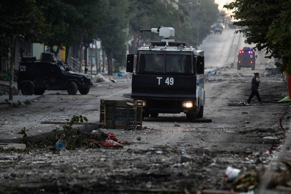 Turkish riot police truck captured during the clashes between Turkish police and the PKK-affiliated groups in the Gazi district of Istanbul.