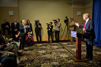 Republican Presidential candidate Donald Trump debates with Univision reporter Jorge Ramos before Trump's ,Make America Great Again Rally, August 25, 2015 (Reuters Photo)