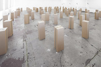 Zimoun's site specific installation of 240 DC motors in cardboard boxes fill a room where the boxes shake, driven by ominous forces, and create a sound architecture. 