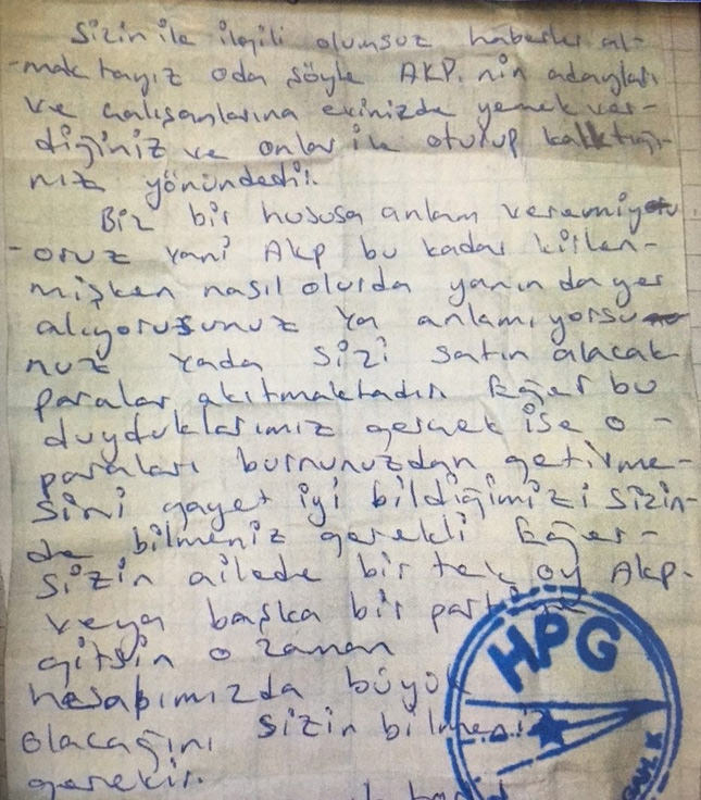 The letter the PKK terrorist organization sent out on Friday to the public of the Erzurum province located in northeastern Turkey. | AA Photo