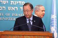 Israeli Prime Minister Benjamin Netanyahu (R) and United Nations chief Ban Ki-moon hold a joint presser at the Prime Minister's office in Jerusalem.