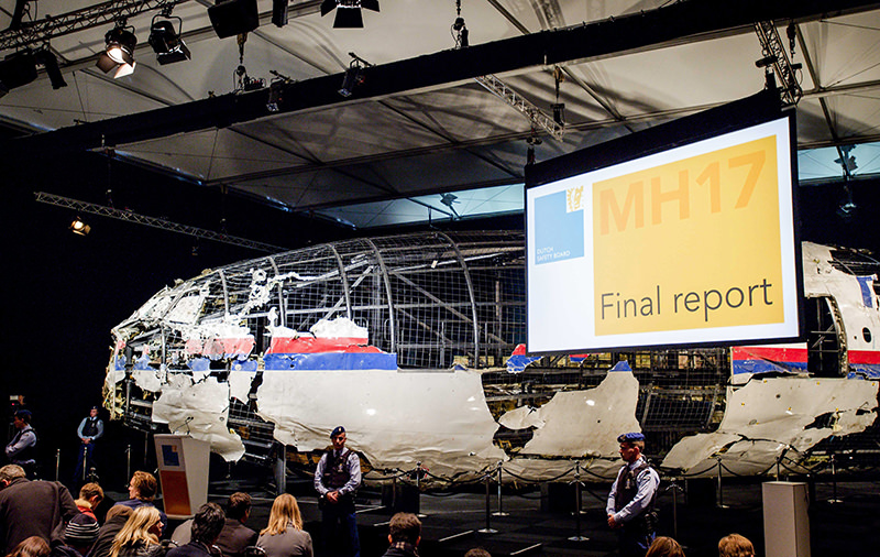 he rebuilt fuselage of Malaysia Airlines flight MH17 during a press conference to present the report findings of the Dutch Safety Board in Gilze Rijen, The Netherlands (EPA Photo)