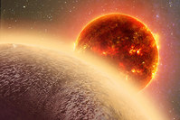 This artistu2019s conception made by Dana Berry of SkyWorks and provided by NASA on Nov. 6, 2015 shows GJ 1132b, foreground, a rocky planet similar to the Earth in size and mass, orbiting a red dwarf star. (AP Photo)