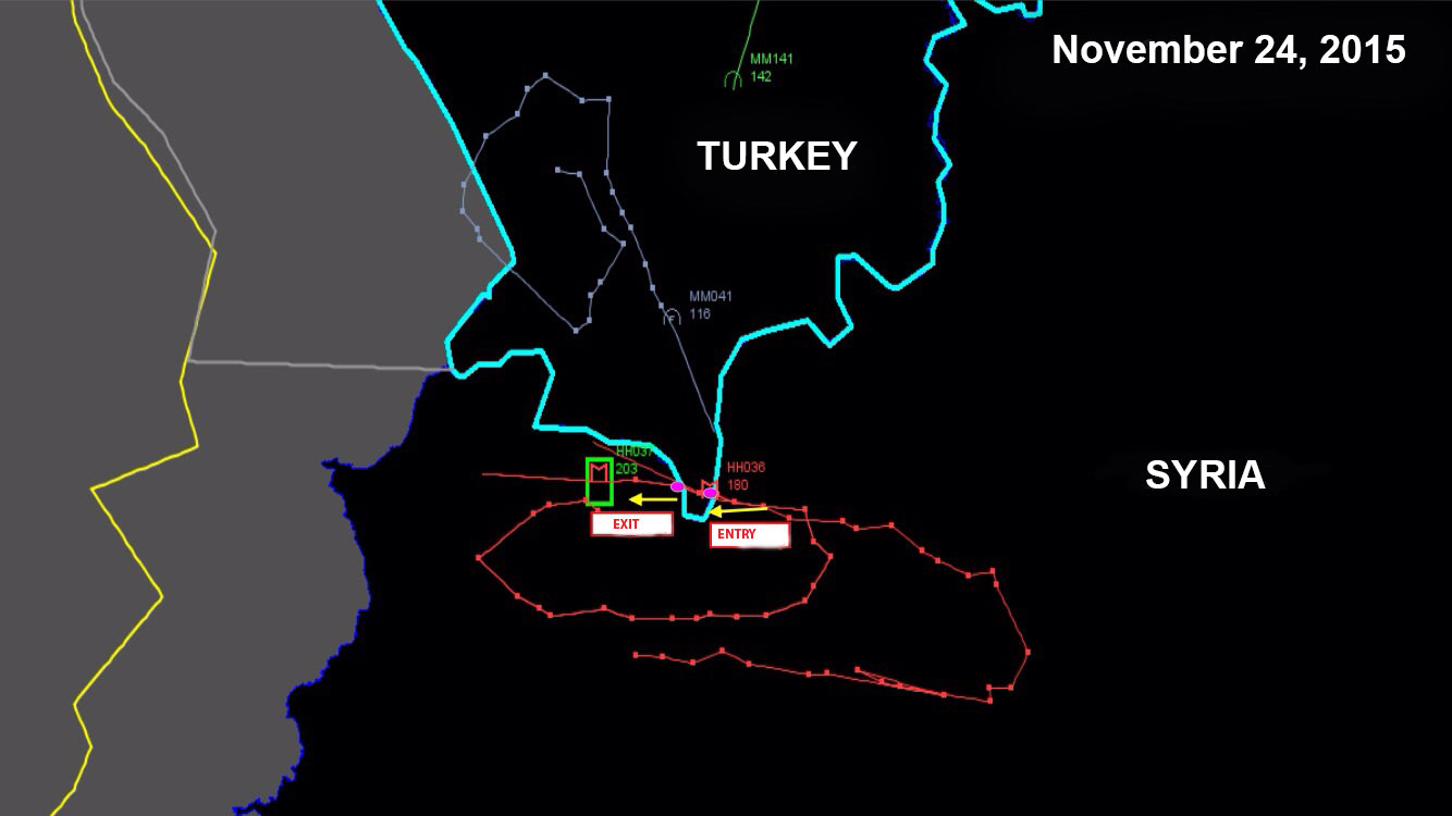 Original path analysis (red dotted line) of the downed Russian jet in violation of Turkish airspace provided by Turkish Armed Forces