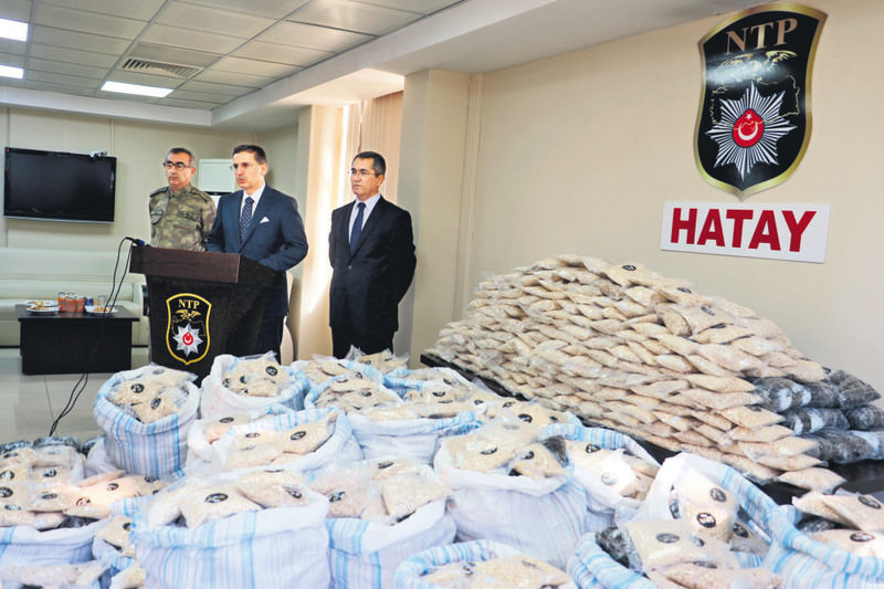 Officials showing millions of Captagon pills seized in the city of Hatay last week. The abuse of synthetic drugs is prevalent in Turkey although overall drug use is low.