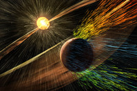 This image made available by NASA on Thursday, Nov. 5, 2015 shows an artist's rendering of a solar storm hitting the planet Mars. (AP Photo)