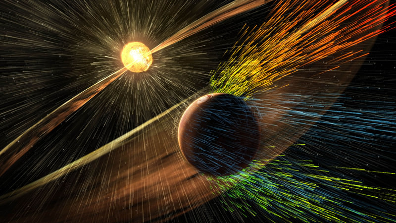 This image made available by NASA on Thursday, Nov. 5, 2015 shows an artist's rendering of a solar storm hitting the planet Mars. (AP Photo)