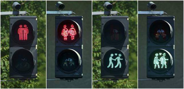 A combination of photos shows gay-themed traffic lights in Vienna May 11, 2015. (REUTERS Photo)