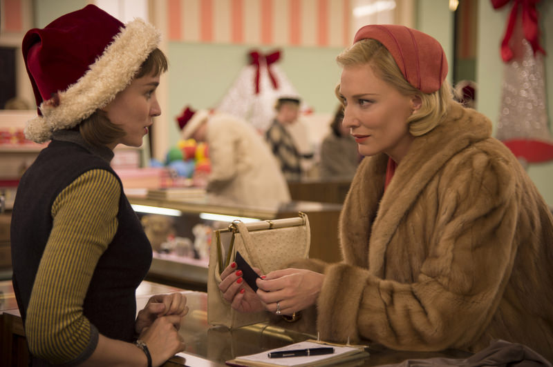 This photo provided by The Weinstein Company shows, Rooney Mara, left, as Therese Belivet, and Cate Blanchett, as Carol Aird, in a scene from the film, ,Carol., (AP Photo)