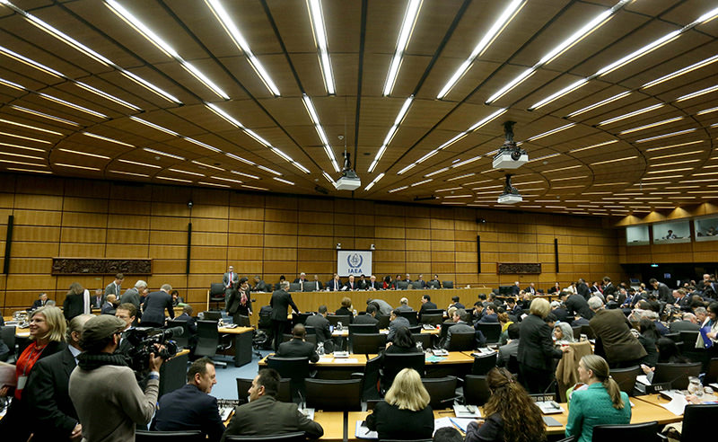Delegates wait for the start of the board of governors meeting of the International Atomic Energy Agency, IAEA, at the International Centre in Vienna (AP Photo)