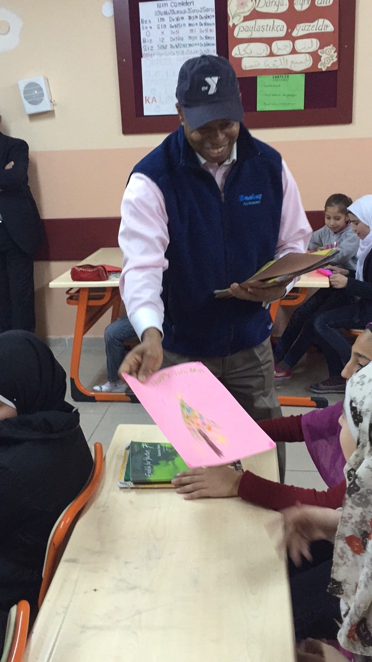 Adams visited a classroom of Syrian refugee children