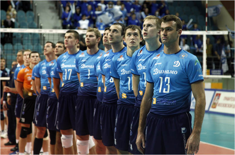 Photo from 2012 CEV Champions League shows Russian volleyball team Dinamo Moscow. 