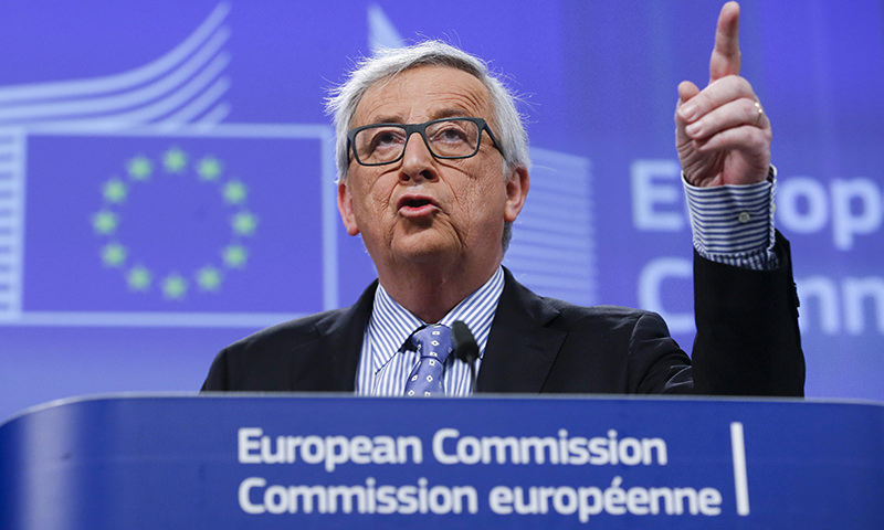 European Commission President Jean-Claude Juncker gestures as he speaks to the media during his first 2016 news conference on the agenda of the EU institutions at the European Commission in Brussels (EPA Photo)