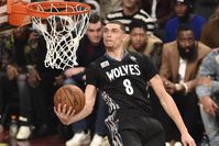 Minnesota Timberwolves player Zach LaVine goes in for a dunk during the Slam Dunk at the Air Canada Centre in Toronto. This is the first time the NBA All-Star game has been held outside the U.S.