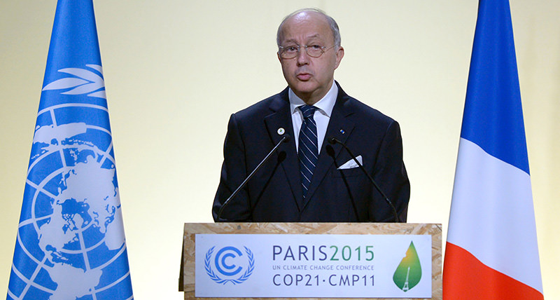 his file photo taken on November 30, 2015 shows Laurent Fabius, then French Foreign Affairs Minister and president-designate of COP21, speaking during the opening of the UN conference on climate change (AFP Photo)