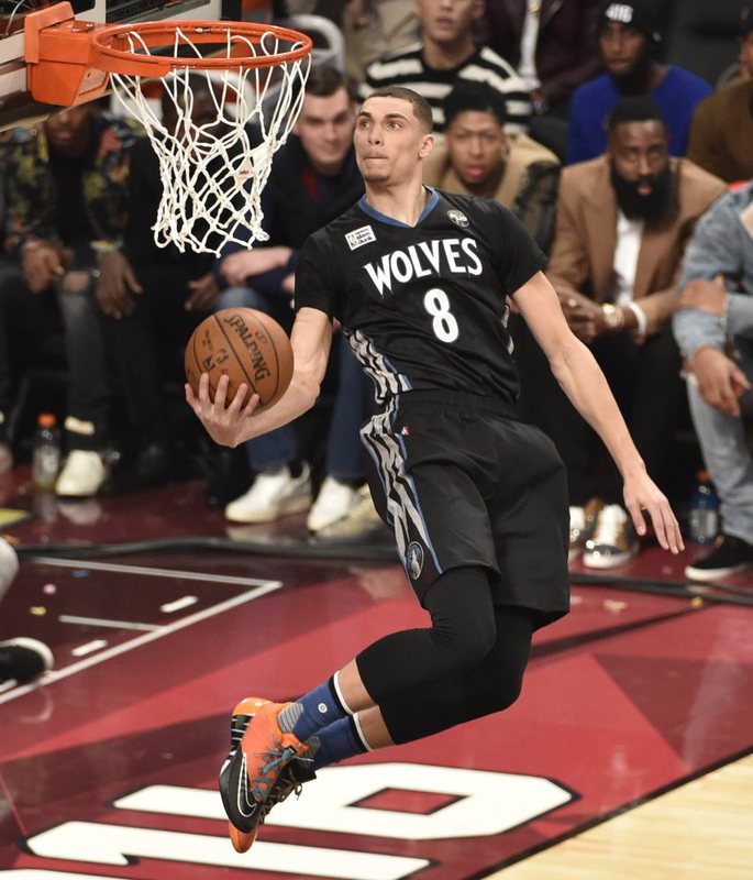 Minnesota Timberwolves player Zach LaVine goes in for a dunk during the Slam Dunk at the Air Canada Centre in Toronto. This is the first time the NBA All-Star game has been held outside the U.S.