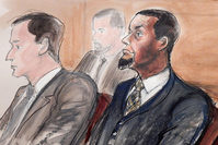 In this Feb. 24, 2016, courtroom file sketch, Tairod Nathan Webster Pugh, right, sits at the defense table with his attorney Zachary S. Taylor, during jury selection in a federal court in the Brooklyn borough of New York. (AP Photo)