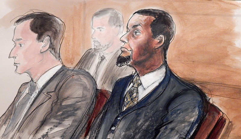 In this Feb. 24, 2016, courtroom file sketch, Tairod Nathan Webster Pugh, right, sits at the defense table with his attorney Zachary S. Taylor, during jury selection in a federal court in the Brooklyn borough of New York. (AP Photo)