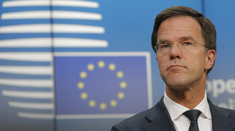 Dutch Prime Minister and current EU President Mark Rutte speaks during a joint press breifing at the end of a tripartite social summit, one day ahead to the March European Summit, in Brussels, Belgium (EPA Photo)