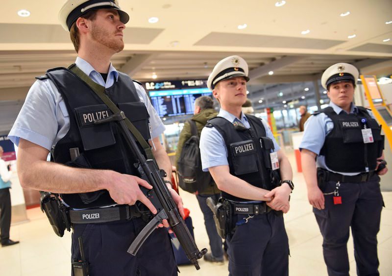 Members of the German police patrol an area of the Cologne Bonn Airport in Cologne, Germany on March 22.