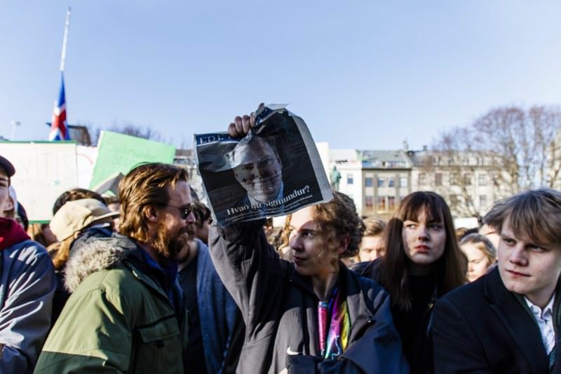 People at a protest in Austurvollur Square in front of Iceland's parliament building in Reykjavic on April 4.
