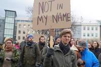 People protest against the prime minister in front of the parliament building in Reykjavik, Iceland.