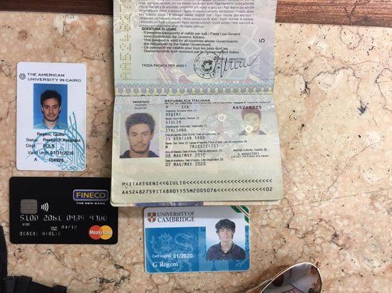 In this photo released by the Egyptian Ministry of Interior on Thursday, Mar. 24, 2016, personal belongings of slain Italian graduate student Giulio Regeni. (AP Photo)