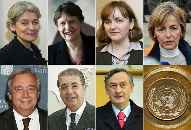 This combination of file pictures created on April 10, 2016 shows (from top left) Bokova, Clark, Gherman, Pusic, Guterres, Kerim and Turk, candidates for the UN secretary-general election, and the United Nations emblem. (AFP Photo)