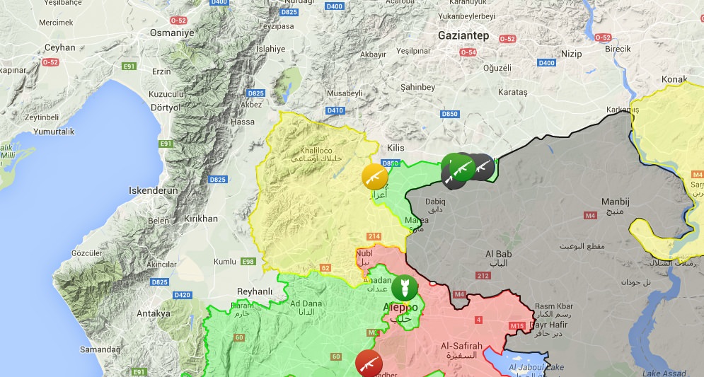 Located some 3 kilometers north of the Syrian border, Kilis lies just north of the region where Syrian opposition, PYD and Daesh fought each other to expand their control. (Image Source: syria.liveuamap.com)