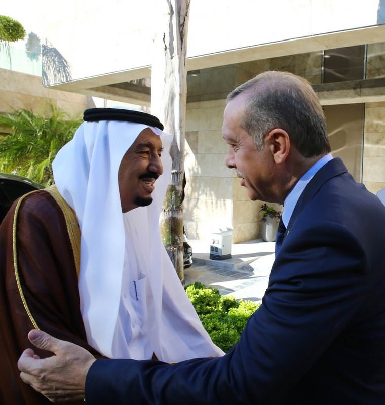 Saudi King Salman (L) meets with President Erdou011fan before the G20 Leaders Summit in Antalya on Nov. 14, 2015.