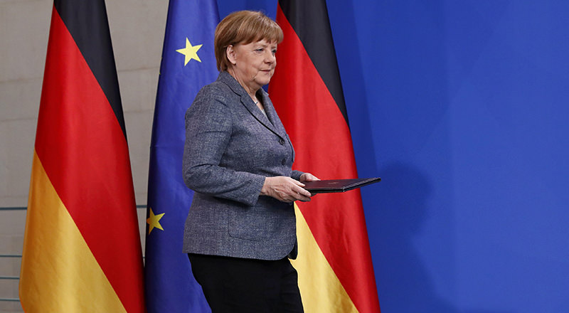 German Chancellor Angela Merkel arrives to give a statement on Turkey's request to seek prosecution of German comedian Jan Boehmermann (Reuters Photo)