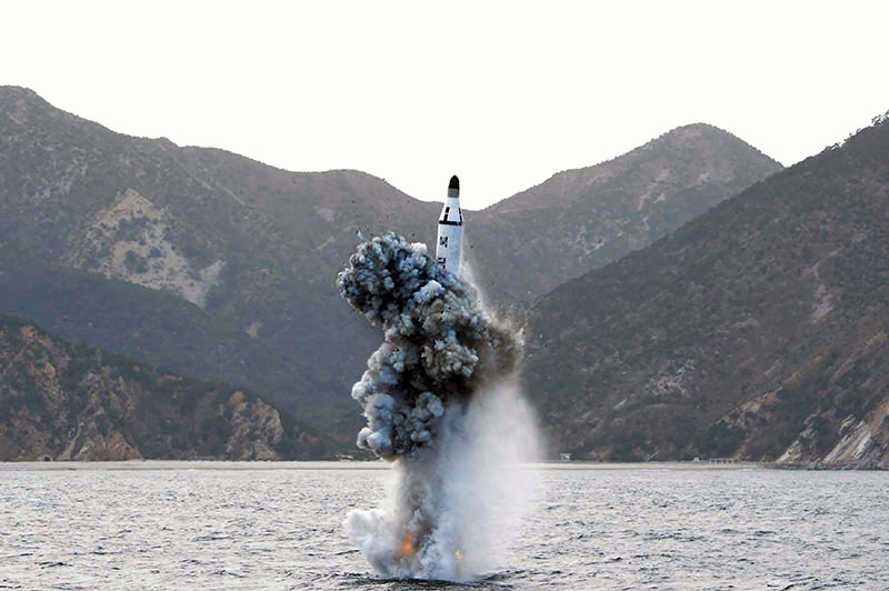 This picture released from North Korea's official Korean Central News Agency (KCNA) on April 24, 2016 shows the underwater test-fire of a strategic submarine ballistic missile. (REUTERS Photo)