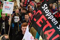 Protestors attend a demonstration against the TTIP on the eve of Obama's visit to Hanover, Germany, on April 23.