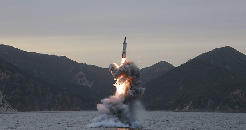 An undated photo released on 24 April 2016 by North Korean Central News Agency (KCNA) shows an 'underwater test-fire of strategic submarine ballistic missile' conducted at an undisclosed location in North Korea (EPA Photo)