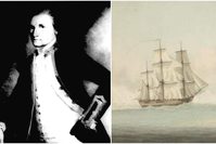 Capt. James Cook (L) shown in an undated portrait by John Webber, the depiction of HMS Endeavour shown on the right.